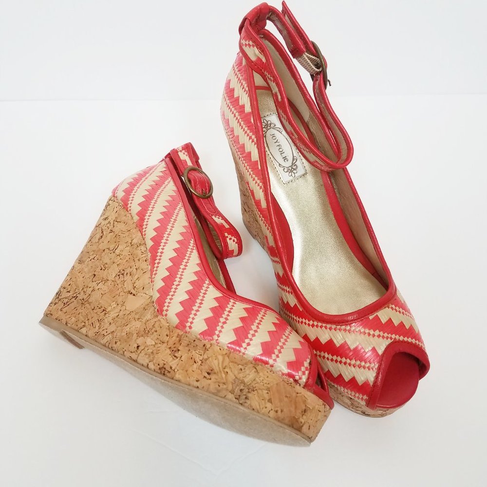 NEW Joy Folie Red & Tan Cork Platform Wedge Heels